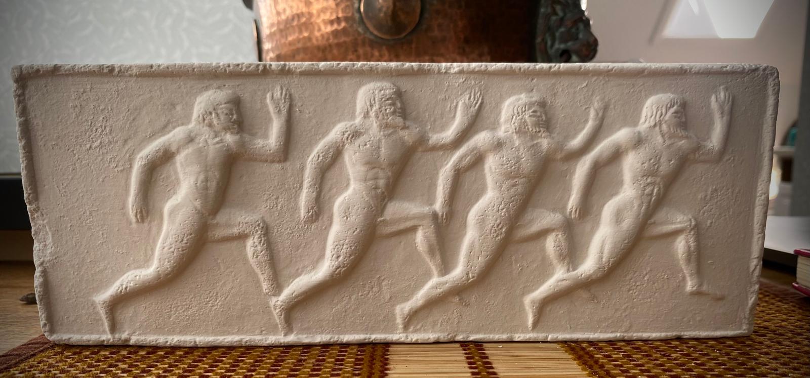 Ancient Greek Running Figures Relief Sculpture Handmade Plaster Classical Wall Art (aged plaster)