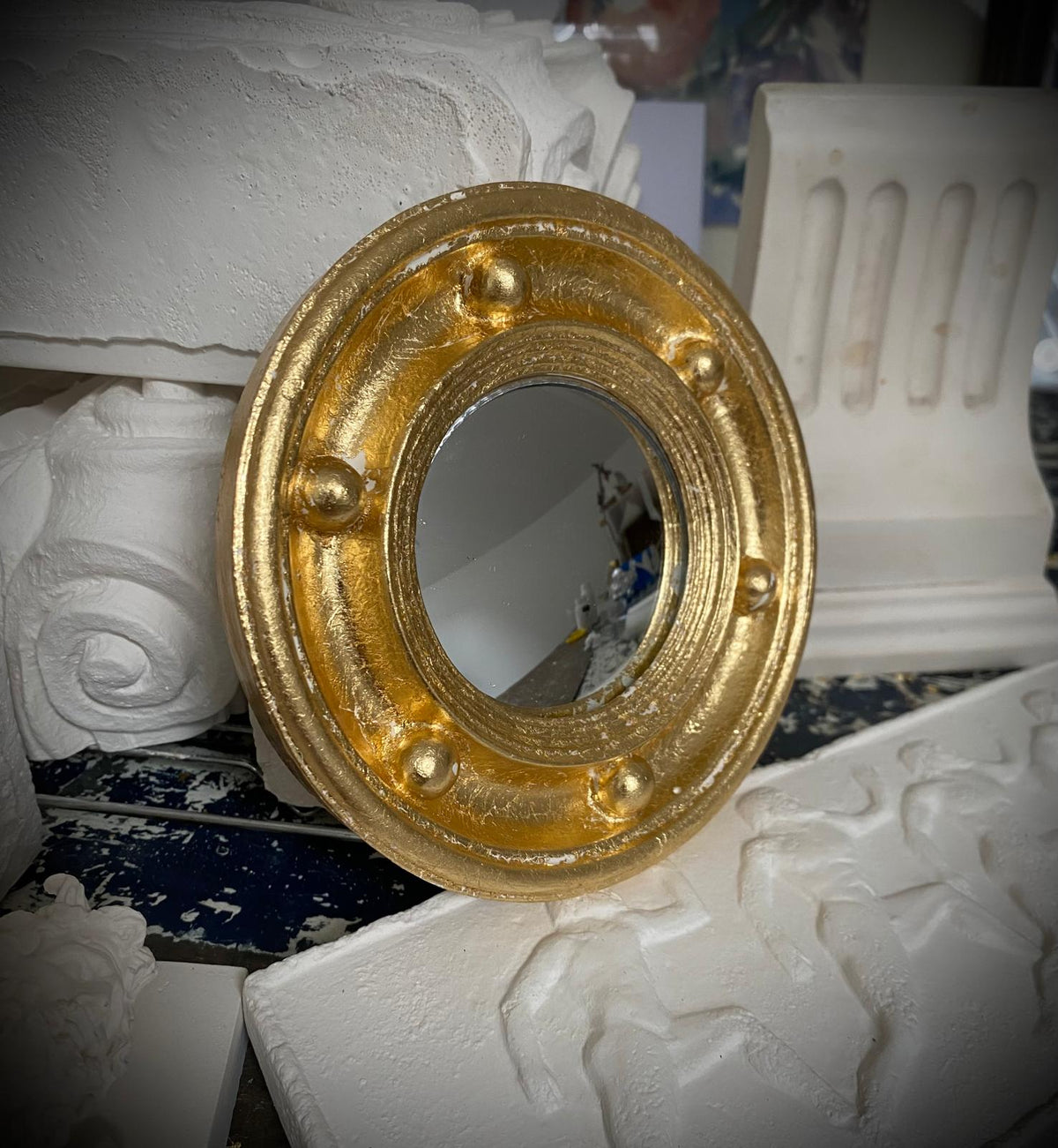 Gilded Convex 'Bobble' Mirror – Handcrafted Plaster of Paris Wall Sculpture